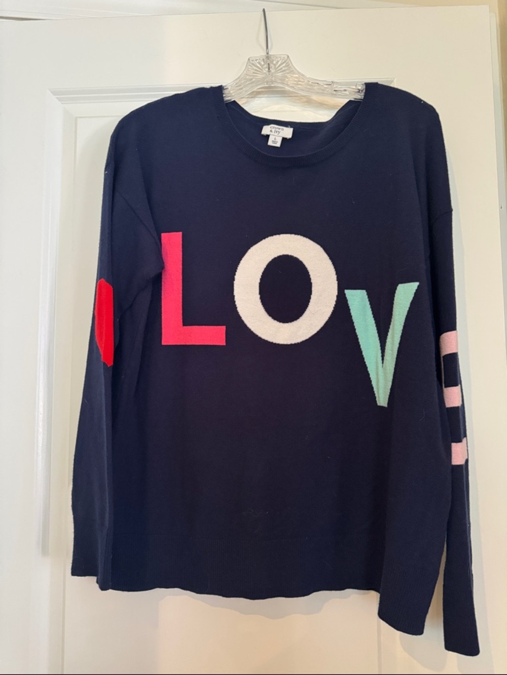crown & ivy Navy Crewneck Sweater with Multicolor LOVE Graphic